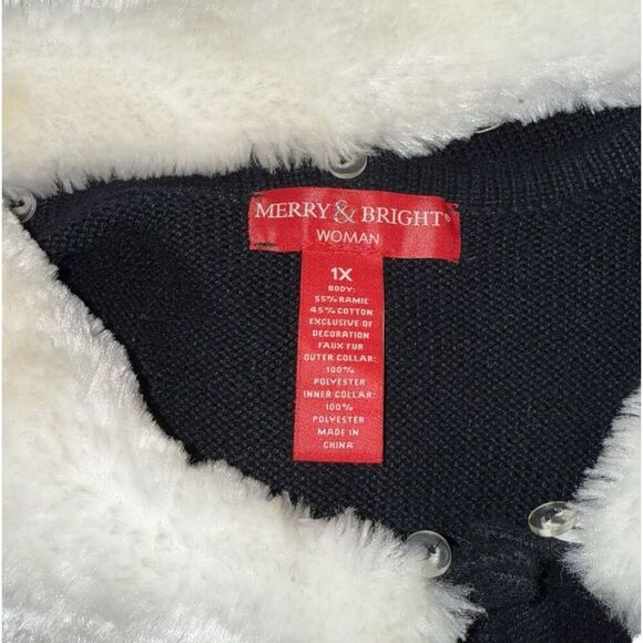 Merry & Bright Womens SweaterVest Sweater Snowflake Black/White Furry Collar XL - Picture 5 of 6